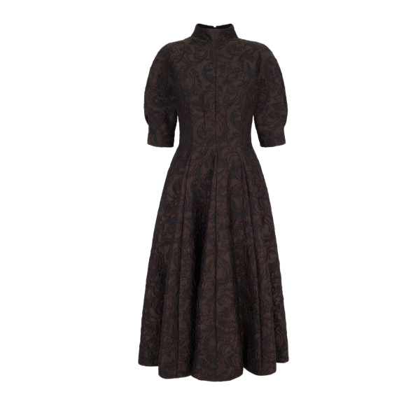 Emilia Wickstead Quinley Dress in Chocolate & Black Woven Cloque | Luxury Shoes 