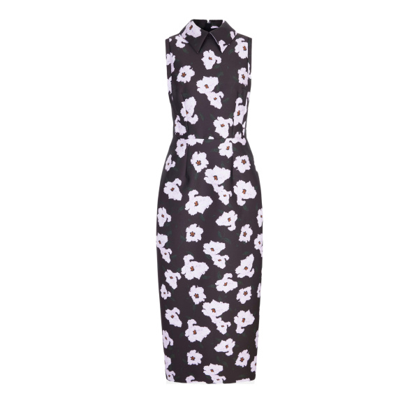 Emilia Wickstead Rain Dress in Chocolate & Lilac Breezy Poppy Mikado | Luxury Shoes 