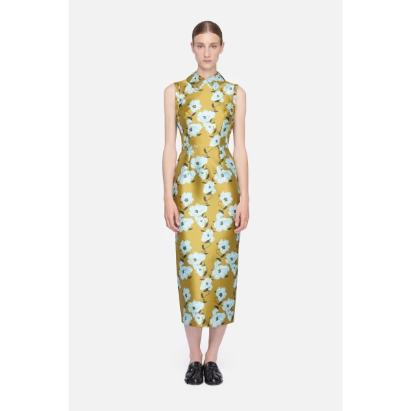 Emilia Wickstead Rain Dress in Mustard & Blue Breezy Poppy Mikado | Midi Dresses | Luxury Shoes 