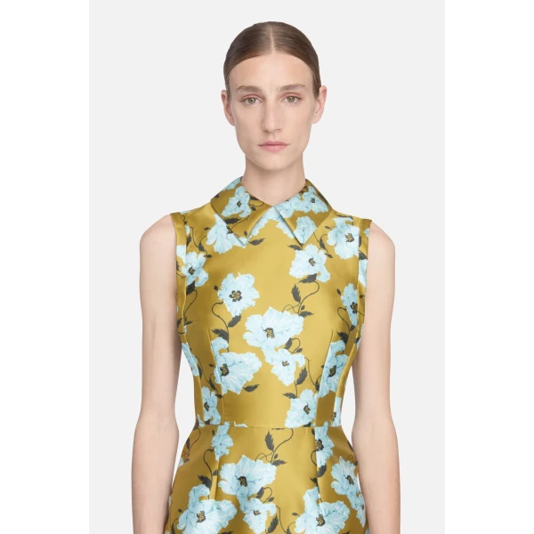 Emilia Wickstead Rain Dress in Mustard & Blue Breezy Poppy Mikado | Midi Dresses | Luxury Shoes 
