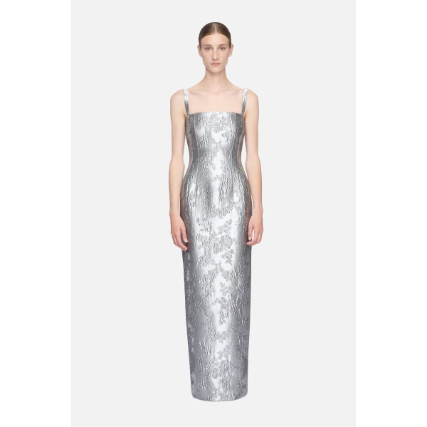 Emilia Wickstead Regina Dress in Silver Metallic Cloque | Maxi Dresses | Luxury Shoes 