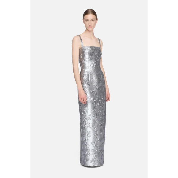 Emilia Wickstead Regina Dress in Silver Metallic Cloque | Maxi Dresses | Luxury Shoes 