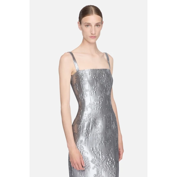 Emilia Wickstead Regina Dress in Silver Metallic Cloque | Maxi Dresses | Luxury Shoes 