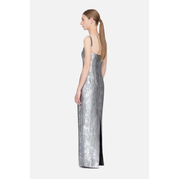 Emilia Wickstead Regina Dress in Silver Metallic Cloque | Maxi Dresses | Luxury Shoes 