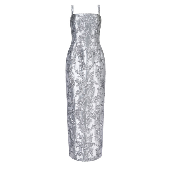 Emilia Wickstead Regina Dress in Silver Metallic Cloque | Luxury Shoes 