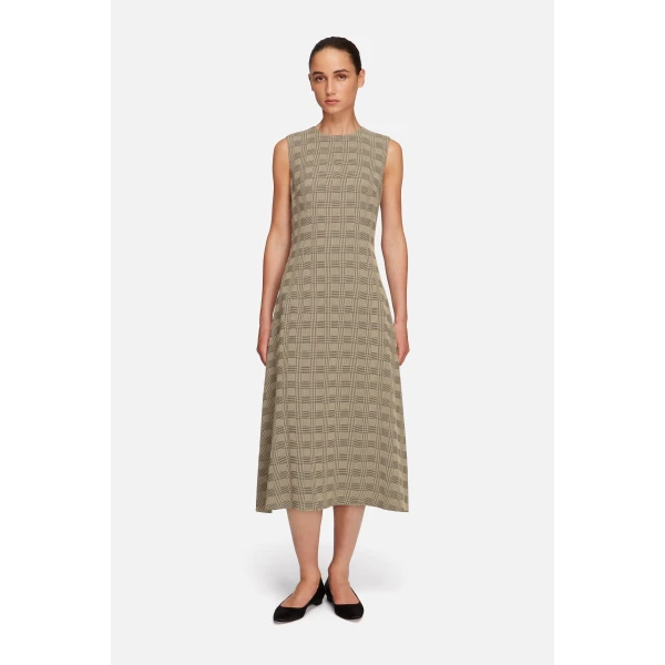 Emilia Wickstead Rumi Dress in Black & Beige Prince of Wales Check | Midi Dresses | Luxury Shoes 