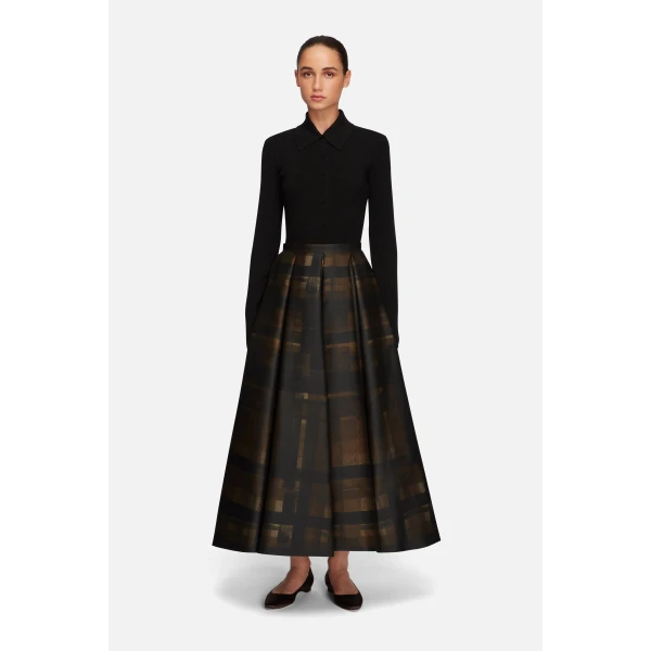 Emilia Wickstead Sylvane Skirt in Blue Chocolate & Black Breezy Poppy Mikado | Pleated Skirts | Luxury Shoes 