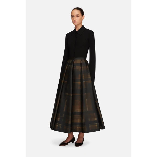 Emilia Wickstead Sylvane Skirt in Blue Chocolate & Black Breezy Poppy Mikado | Pleated Skirts | Luxury Shoes 