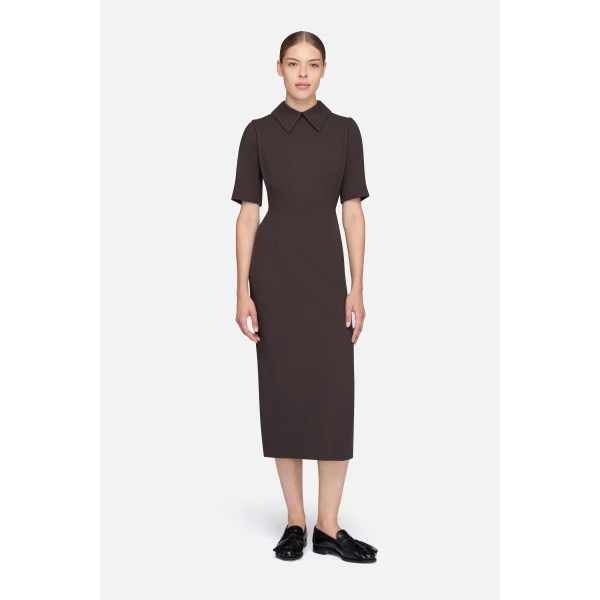 Emilia Wickstead Valletta Dress in Chocolate Single Wool Crepe | Midi Dresses | Luxury Shoes 