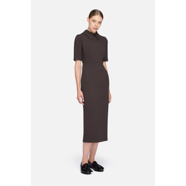 Emilia Wickstead Valletta Dress in Chocolate Single Wool Crepe | Midi Dresses | Luxury Shoes 