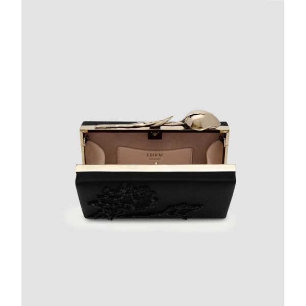 Erdem Bloom Minaudiere in Black Embellished Satin | Clutch Bags | Luxury Shoes 