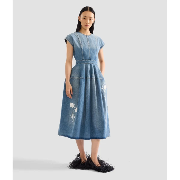Erdem Embroidered Denim Short Sleeve Midi Dress | Midi Dresses | Luxury Shoes 