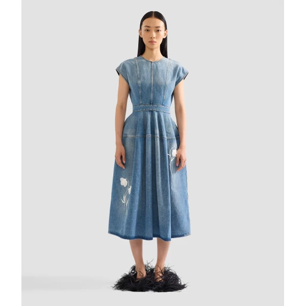 Erdem Embroidered Denim Short Sleeve Midi Dress | Midi Dresses | Luxury Shoes 