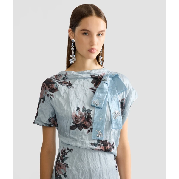 Erdem Embroidered Textured Satin Bow Brooch in Blue | Brooches & Pins | Luxury Shoes 