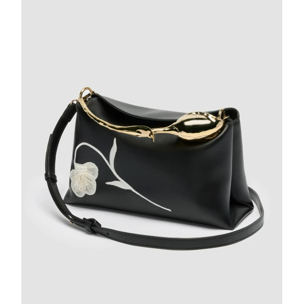 Erdem Midi Bloom Bag in Black Flower Applique Leather | Totes & Top-Handle Bags | Luxury Shoes 