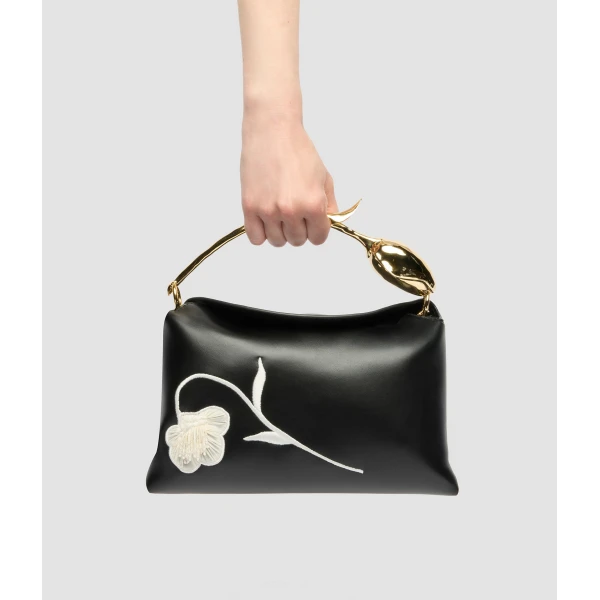 Erdem Midi Bloom Bag in Black Flower Applique Leather | Totes & Top-Handle Bags | Luxury Shoes 