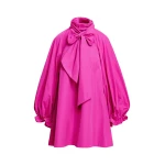 Pink oversized A-line mini dress with pussy-bow neckline