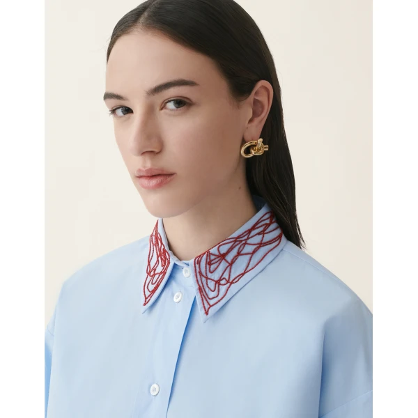 Fabiana Filippi Boyfriend Poplin Shirt in Light Blue and Red