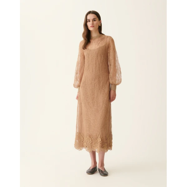 Fabiana Filippi Embroidered Lace Dress in Rattan