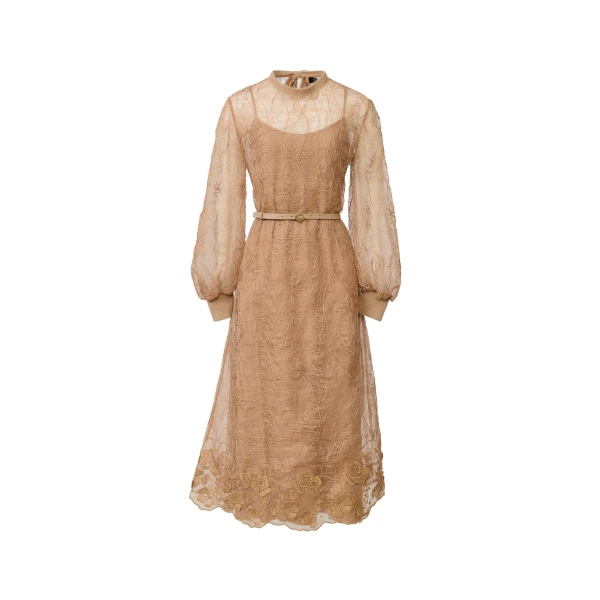 Embroidered Lace Dress in Rattan