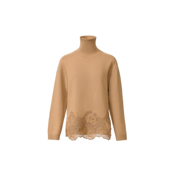 Platinum Sweater with Lace Hem in Rattan