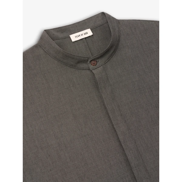 Fear of God Cotton Wool Oxford Mandarin Relaxed Short Sleeve Shirt in Willow | Men Shirts | Luxury Shoes 