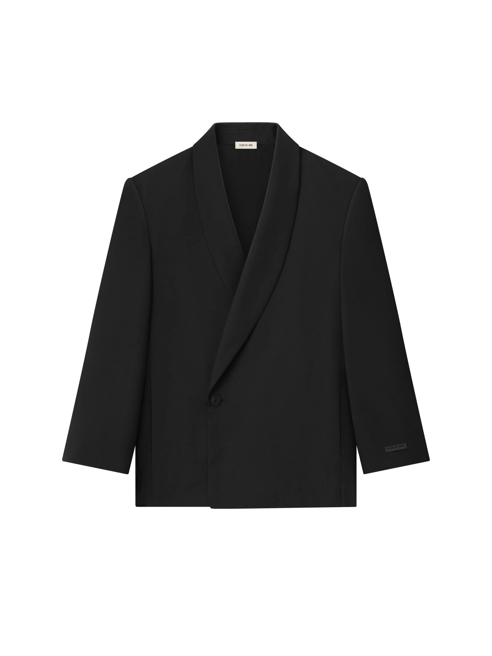 Fear of God Double-Breasted Wool Poplin Shawl Collar Jacket in Black Fear of God Double-Breasted Wool Poplin Shawl Collar Jacket in Black | Luxury Shoes