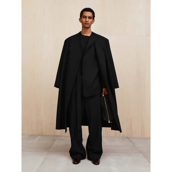 Fear of God Double Weave Wool Double Breasted Lapelless Coat in Black | Men Coats | Luxury Shoes 