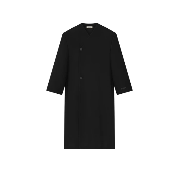 Double Weave Wool Double Breasted Lapelless Coat in Black