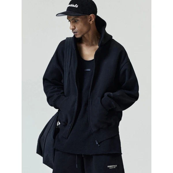 Fear of God Essentials Classic Zip-Up Hoodie in Black | Sweatshirts | Luxury Shoes 