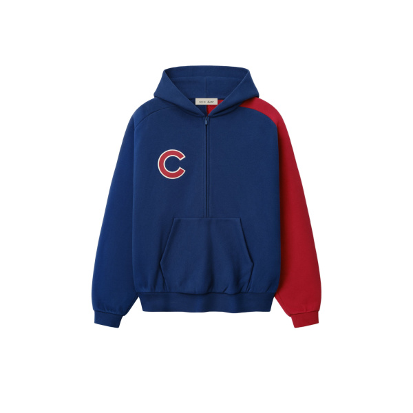 Fear of God Essentials Cubs Raglan Half Zip Sport Hoodie in Estate Blue and Stone Red | Luxury Shoes 