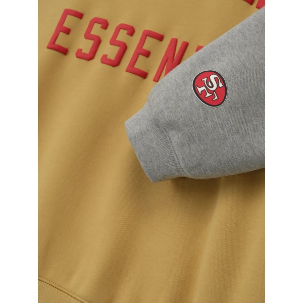 Fear of God Essentials Forty Niners Sport Hoodie in Prairie Sand and Concrete Heather | Sweatshirts | Luxury Shoes 