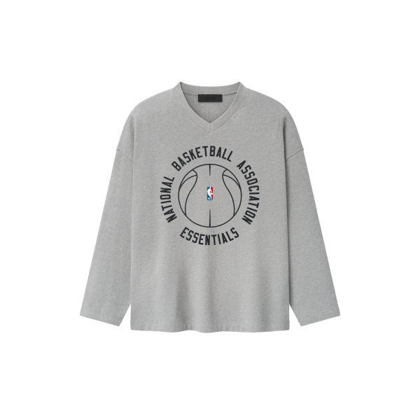 Fear of God Essentials NBA x Barkley Hendricks Long Sleeve V-Neck Tee in Concrete Heather | Luxury Shoes 
