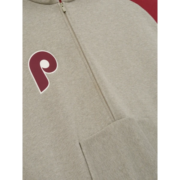 Fear of God Essentials Phillies Raglan Half Zip Sport Hoodie in Seal Heather and Cabernet | Sweatshirts | Luxury Shoes 