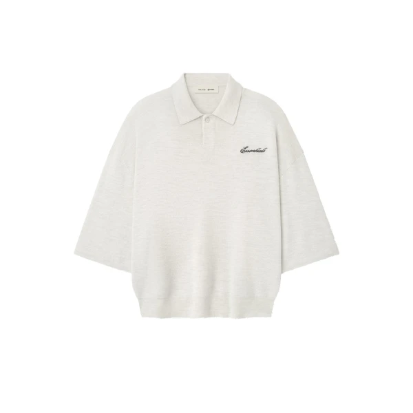 Fear of God Essentials Signature 3/4 Sleeve 90s Knit Polo in Oatmeal Heather | Luxury Shoes 