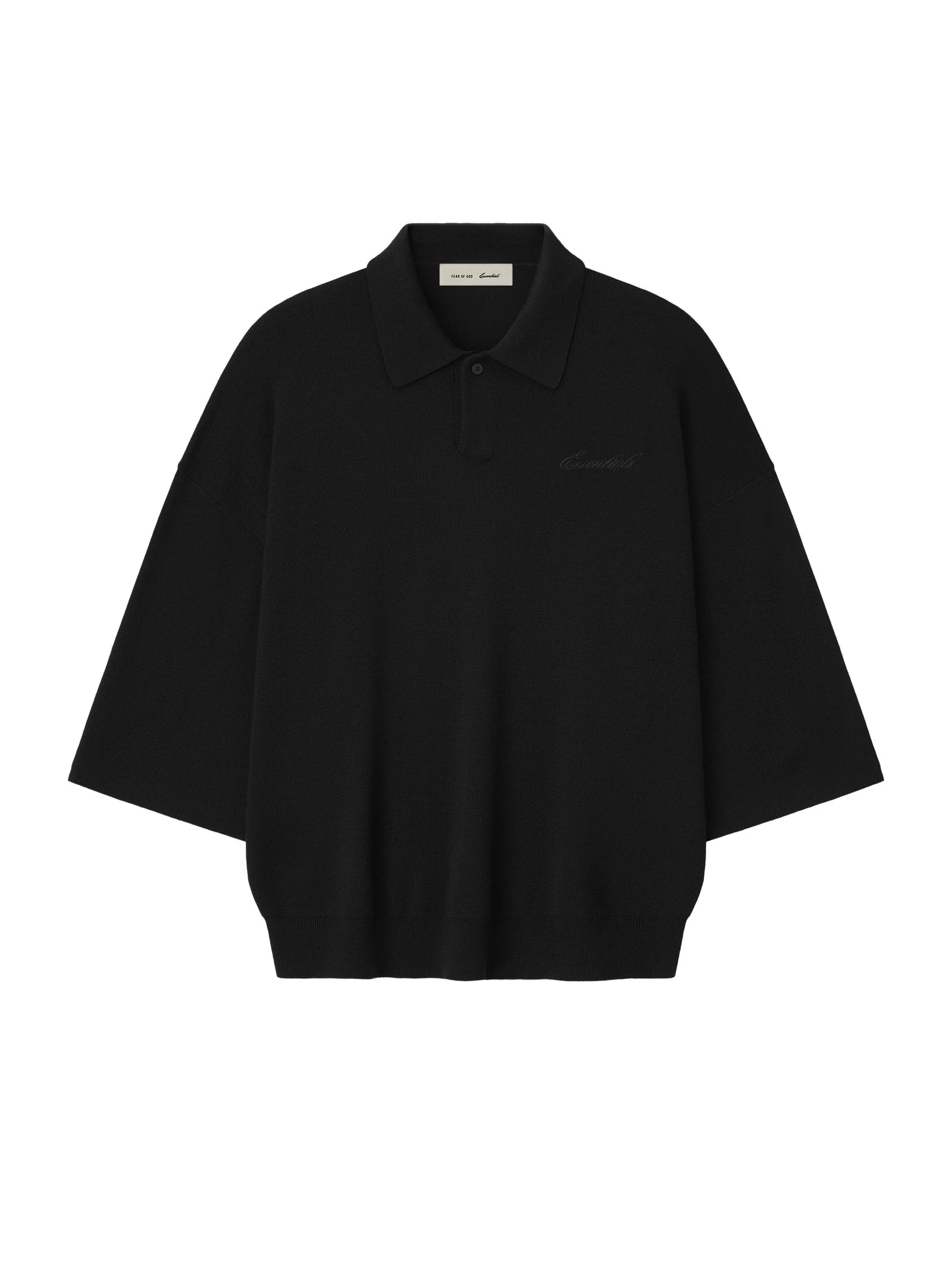 Fear of God Essentials Signature 3/4 Sleeve 90s Knit Polo in Vintage Black Fear of God Essentials Signature 3/4 Sleeve 90s Knit Polo in Vintage Black | Luxury Shoes