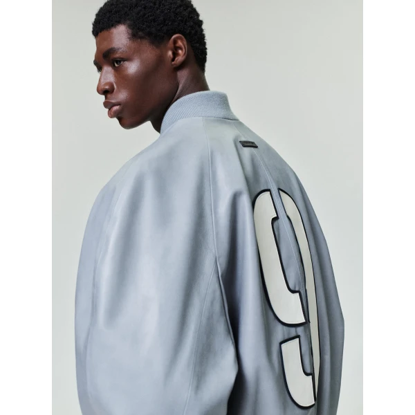 Fear of God Leather 9 Raglan Bomber Jacket in Metallic Grey | Men Jackets | Luxury Shoes 