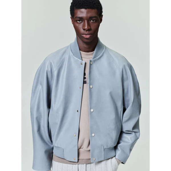 Fear of God Leather 9 Raglan Bomber Jacket in Metallic Grey | Men Jackets | Luxury Shoes 