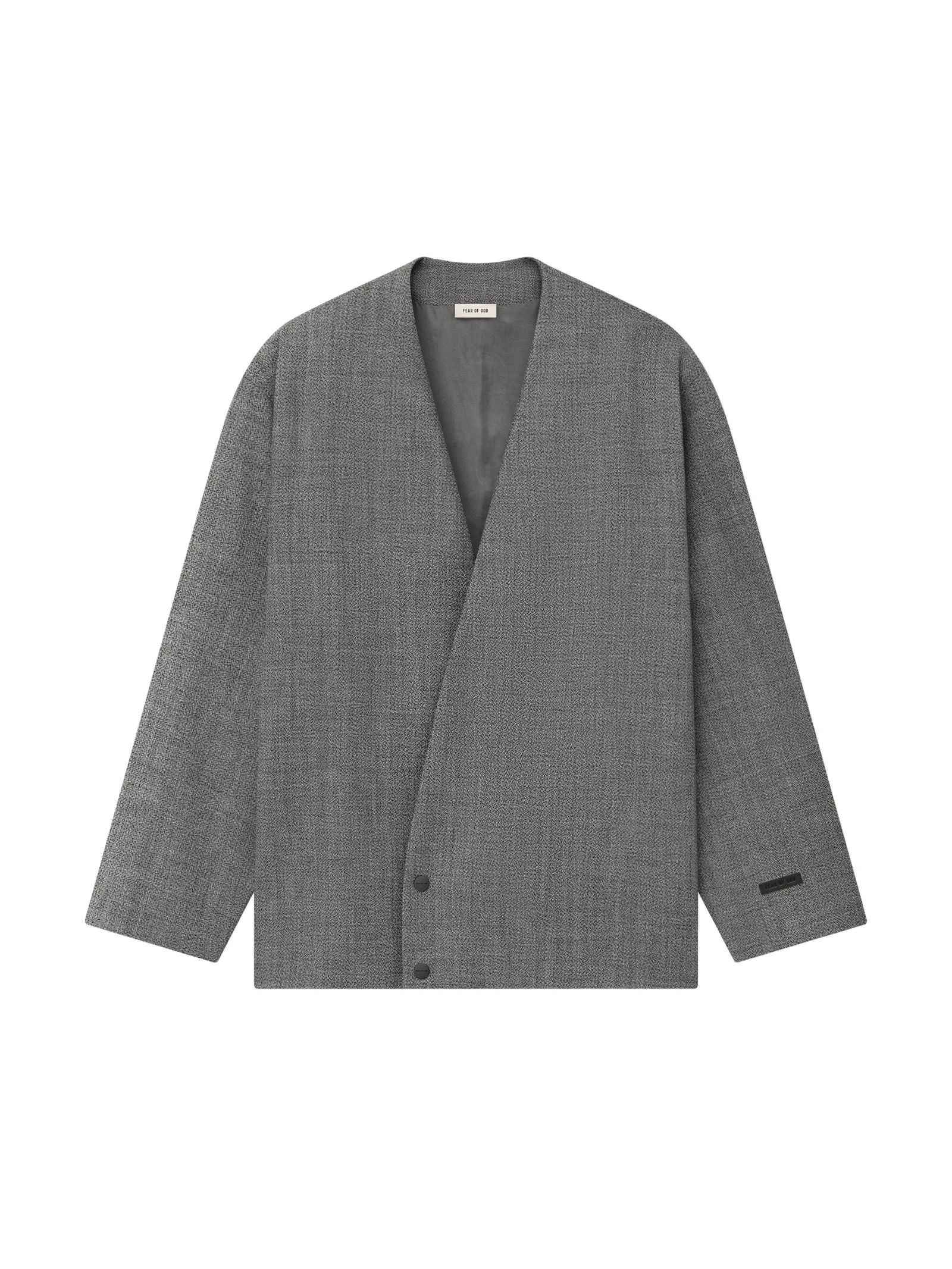 Fear of God Mouline Wool Relaxed Lapelless Jacket in Off White and Black Fear of God Mouline Wool Relaxed Lapelless Jacket in Off White and Black | Luxury Shoes