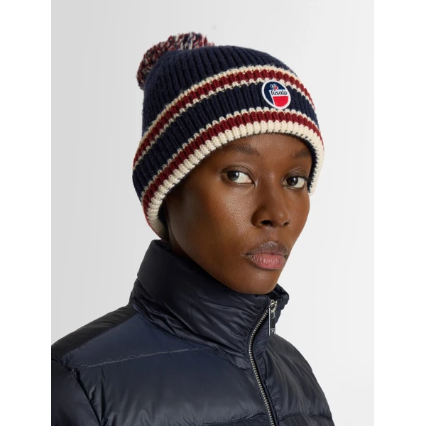 Fusalp Pompon Beanie in Navy, Racing Red and Snow, view 3 | Hats | Luxury Shoes 