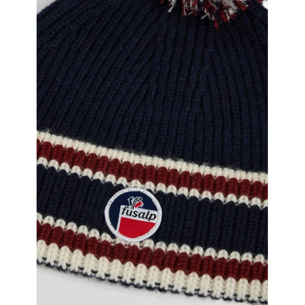 Fusalp Pompon Beanie in Navy, Racing Red and Snow, view 5 | Hats | Luxury Shoes 