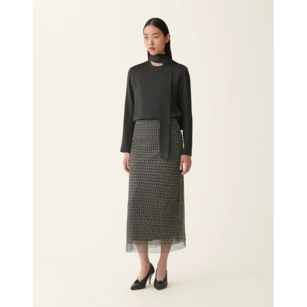 Fabiana Filippi Moonlight Embroidered Tulle Midi Pencil Skirt in Charcoal
