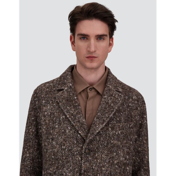 Herno Alpaca, Wool Herringbone and Suede Effect Coat in Dark Brown | Men's Coats | Luxury Shoes 