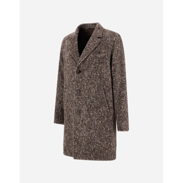 Herno Alpaca, Wool Herringbone and Suede Effect Coat in Dark Brown | Men's Coats | Luxury Shoes 