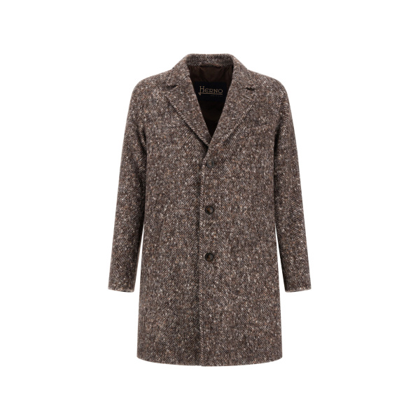 Herno Alpaca, Wool Herringbone and Suede Effect Coat in Dark Brown | Men's Coats | Luxury Shoes 
