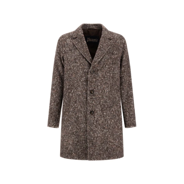 Herno Alpaca, Wool Herringbone and Suede Effect Coat in Dark Brown | Men's Coats | Luxury Shoes 