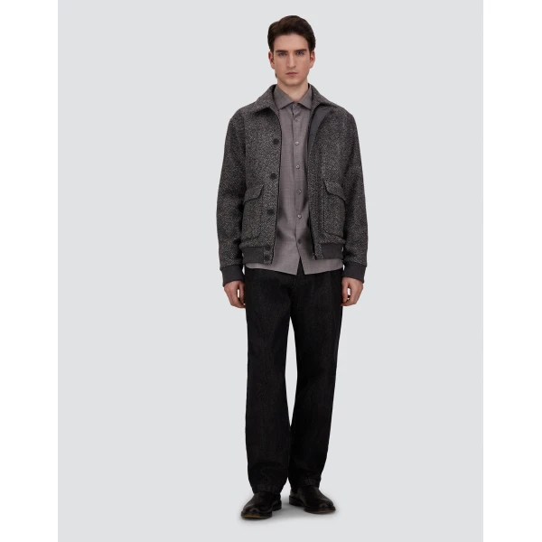 Herno Anthracite Bomber Jacket in Double-Layered Herringbone Wool Fabric | Men's Jackets | Luxury Shoes 