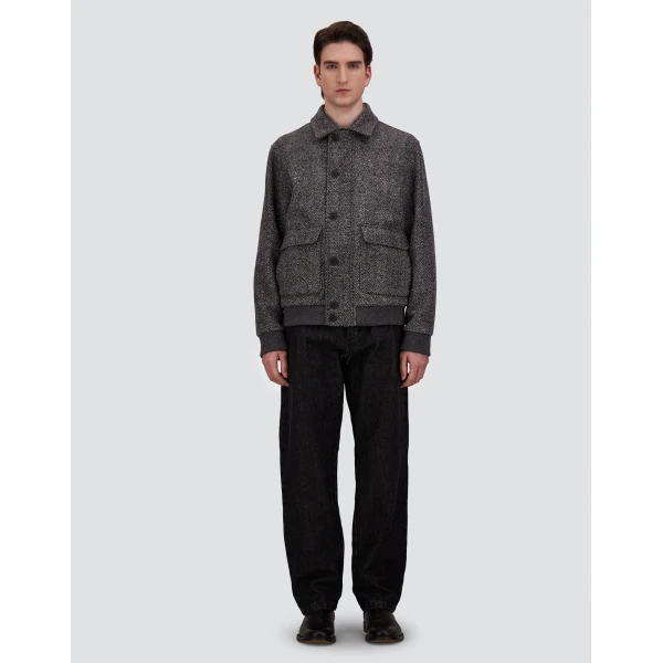 Herno Anthracite Bomber Jacket in Double-Layered Herringbone Wool Fabric | Men's Jackets | Luxury Shoes 