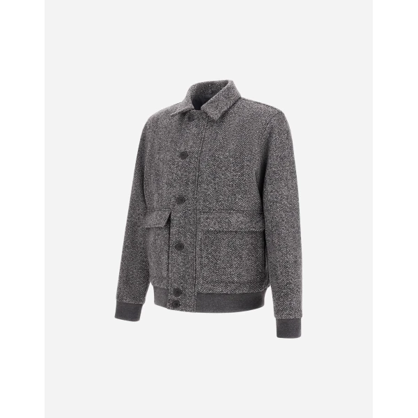 Herno Anthracite Bomber Jacket in Double-Layered Herringbone Wool Fabric | Men's Jackets | Luxury Shoes 