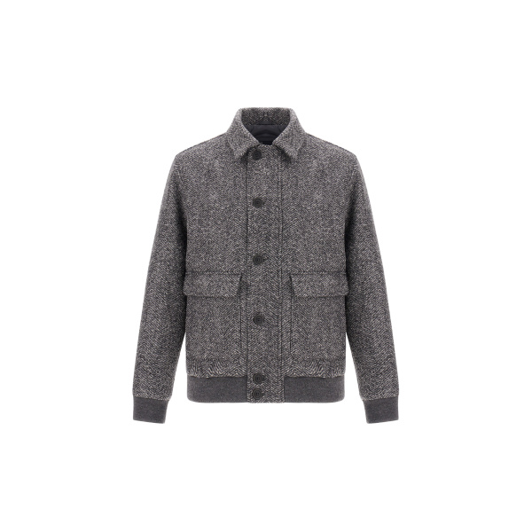 Herno Anthracite Bomber Jacket in Double-Layered Herringbone Wool Fabric | Men's Jackets | Luxury Shoes 